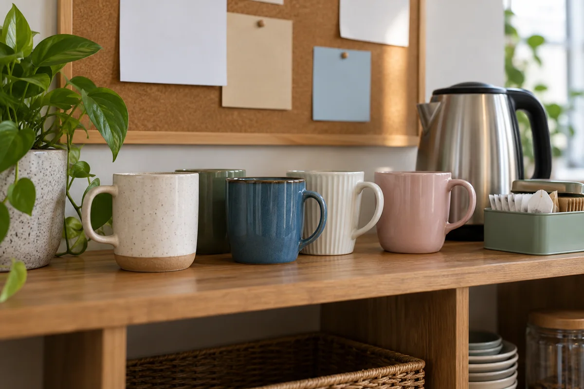 A row of mugs on a staff room shelf next to a kettle and a tin of tea bags.