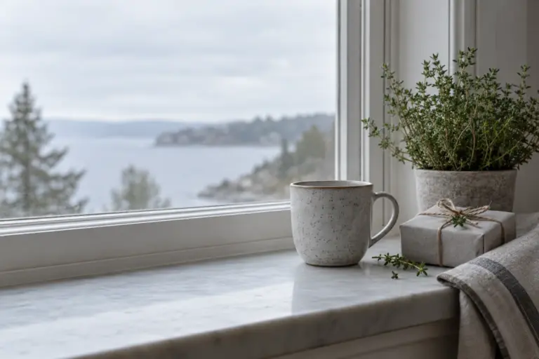 A plain mug and a small wrapped gift on a quiet windowsill beside a folded towel.