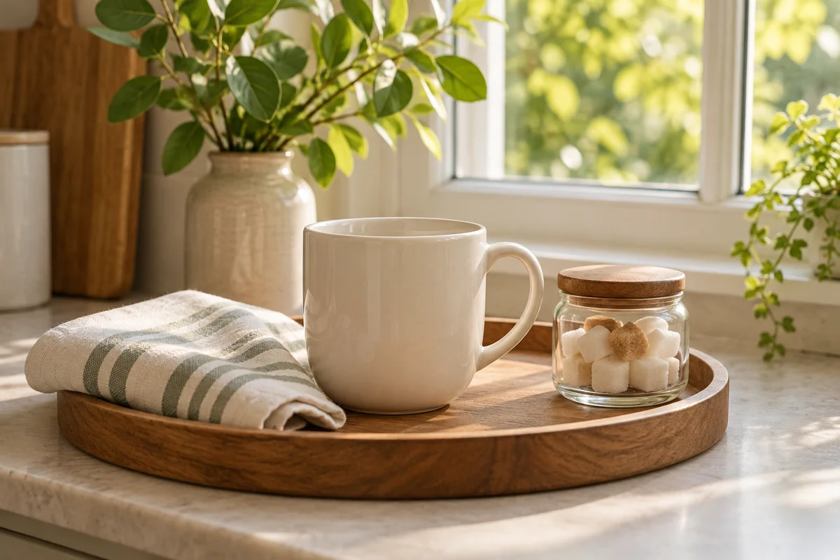 A plain ivory mug on a small tray beside a window with a folded tea towel.