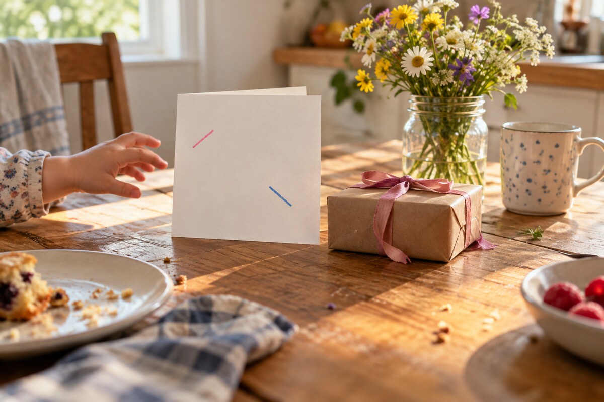 A child's card with crayon strokes and a small wrapped gift on a kitchen table