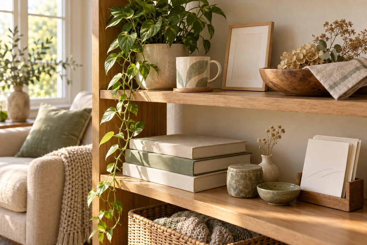 A shelf of family keepsakes with a mug, a small frame and a bowl.