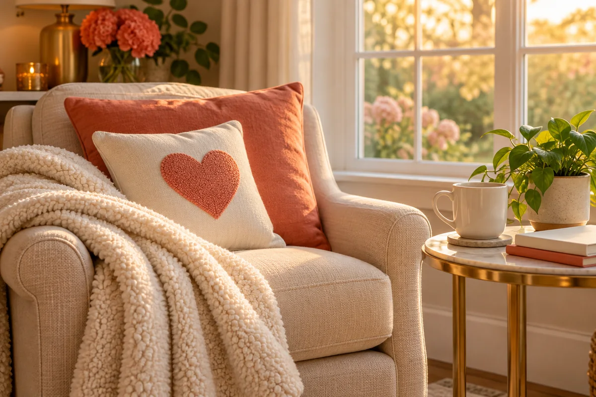 A fleece blanket and a pillow arranged on an armchair beside a window
