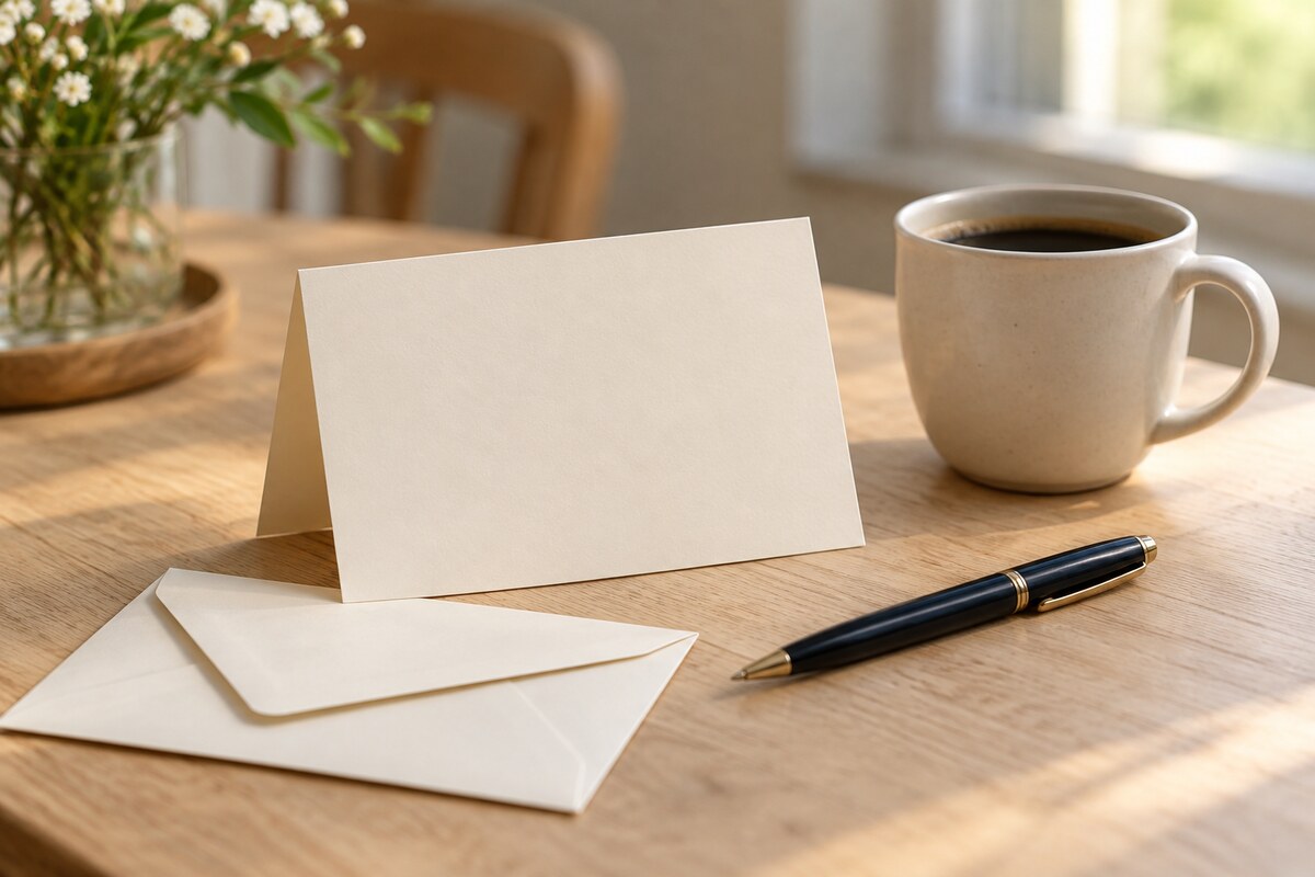 A folded blank card with an envelope and a pen on a table beside a coffee cup