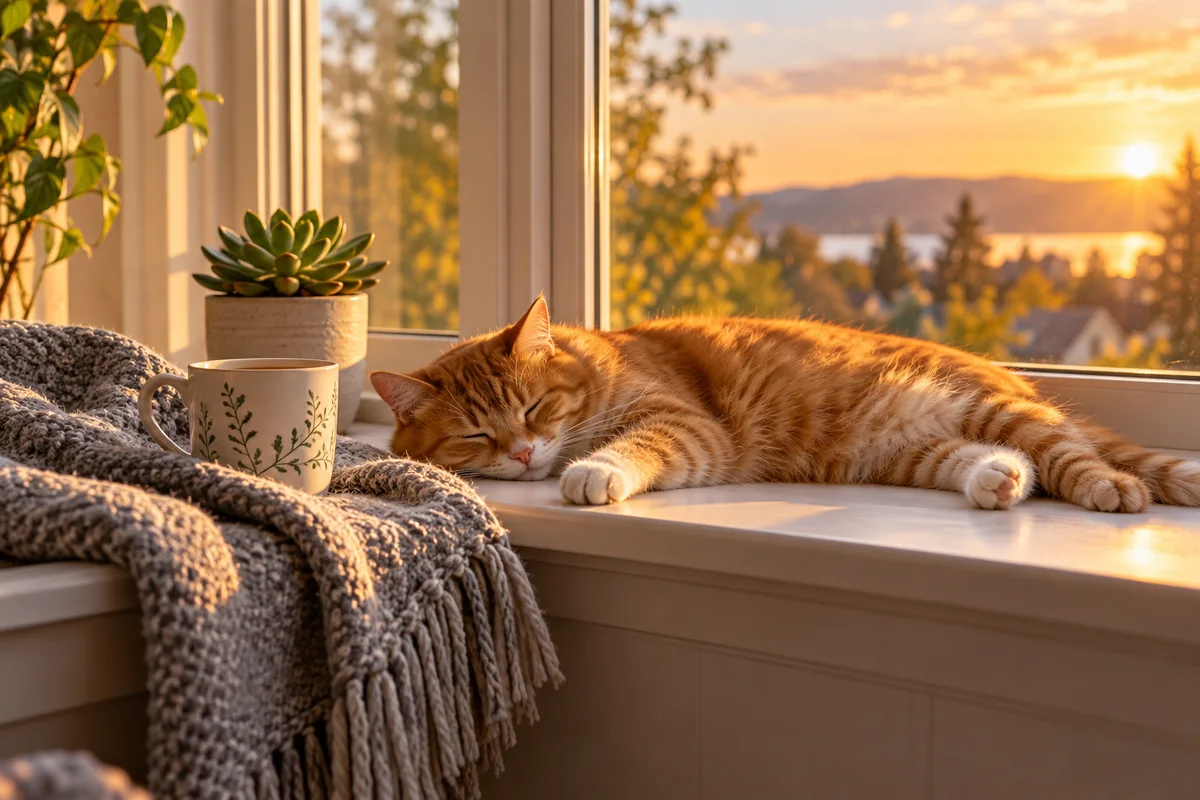 A mug, a folded throw and a plant on a windowsill in the afternoon