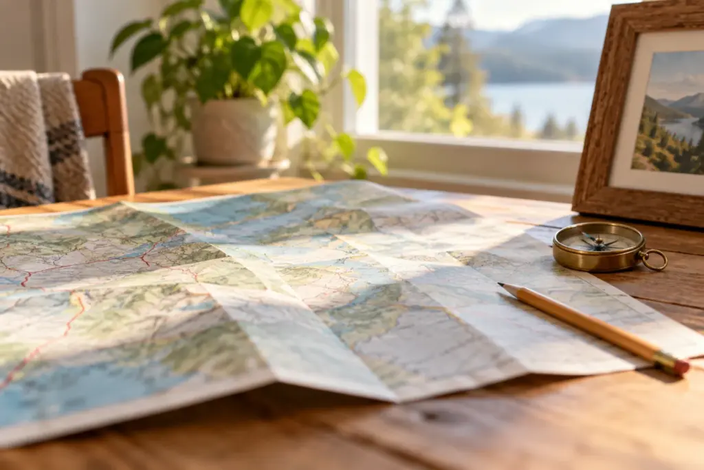 A folded paper map, a framed print and a pencil on a sunlit table.
