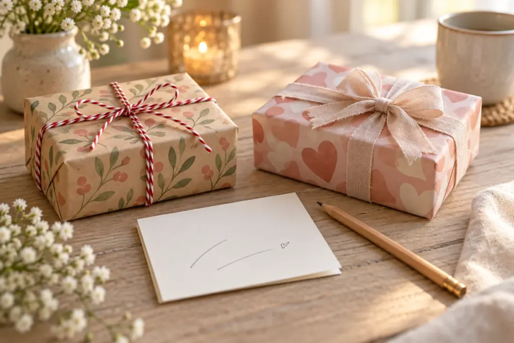 Two gift boxes on a table, one tied with striped string and one with a plain ribbon, a pencil and a folded card between them