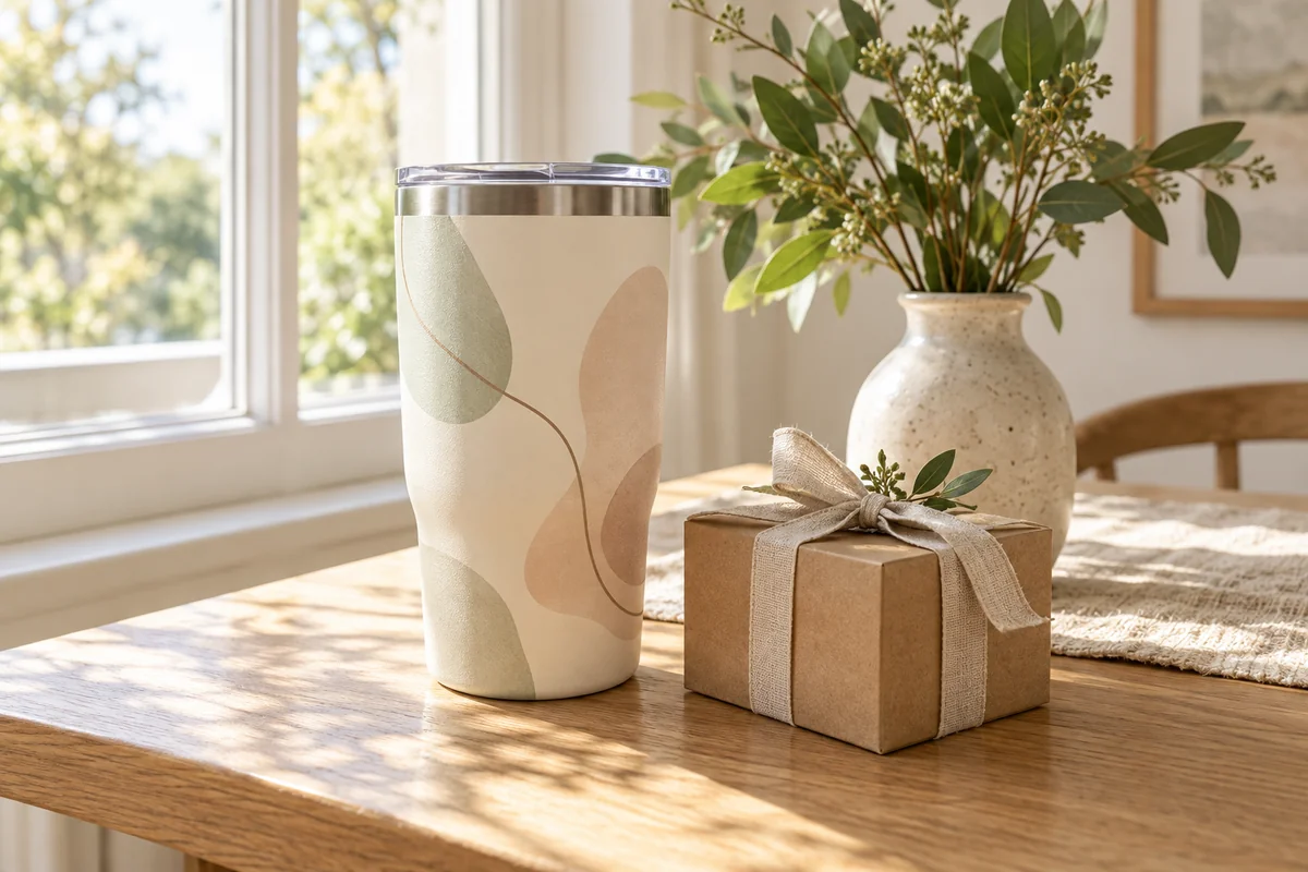A personalized tumbler and a small gift box on a table beside a window.