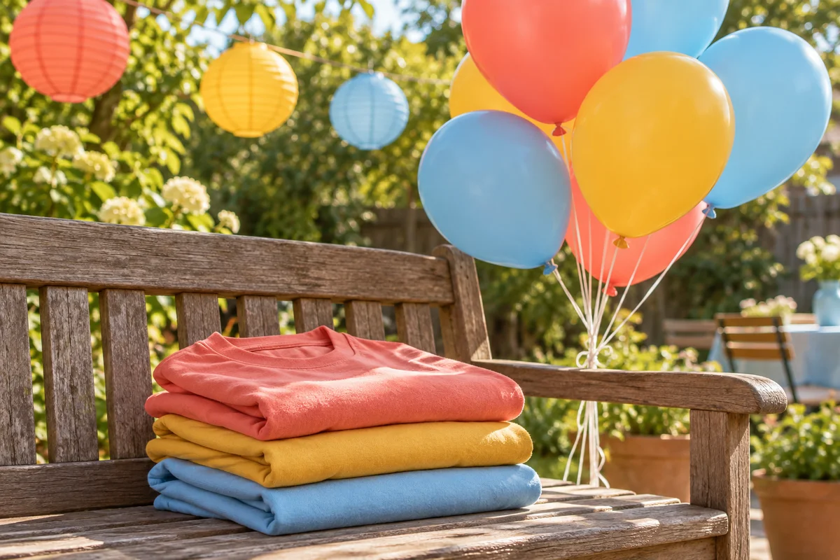 A pile of plain folded t-shirts in warm colors on a bench next to a bunch of balloons tied with string.