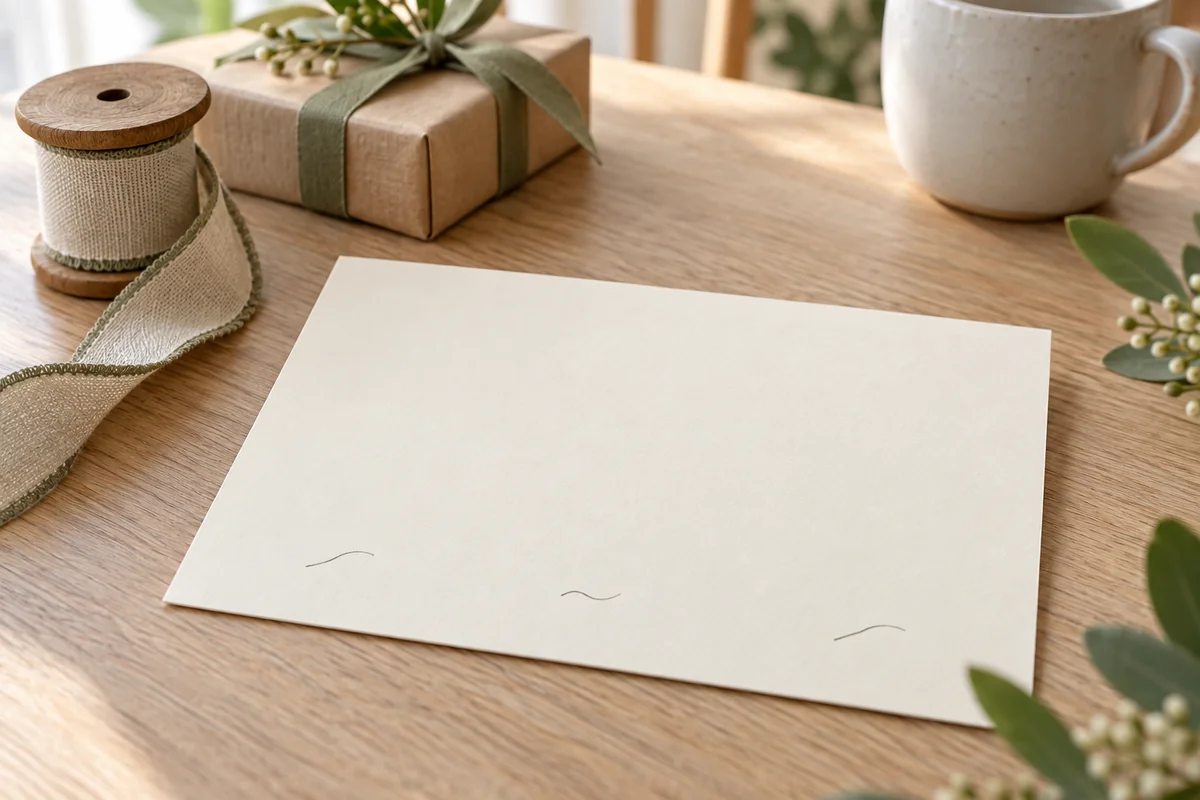 A large blank cream card on a table beside a ribbon spool and a small gift box.