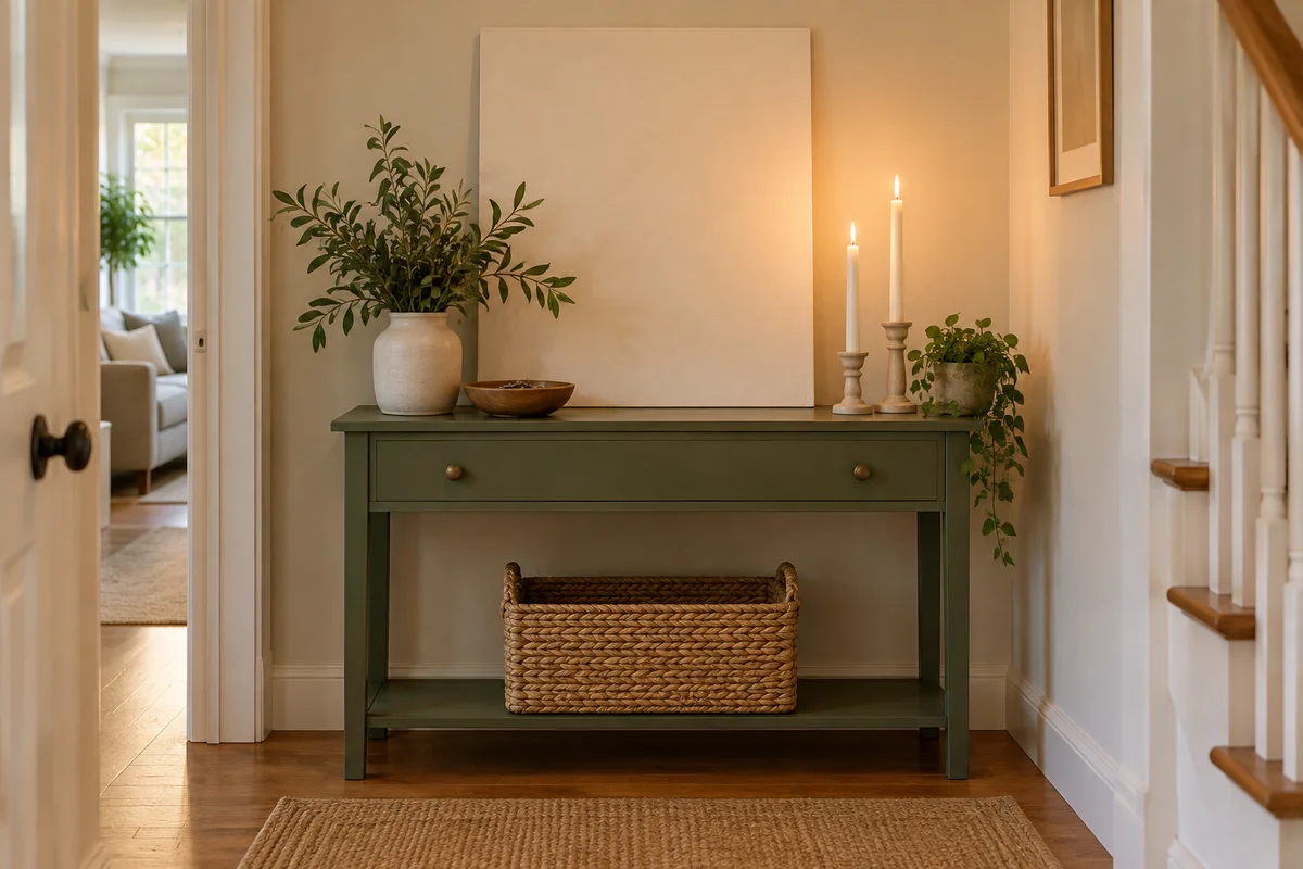 A framed blank canvas leaning against a wall above a console table with two plain candlesticks.