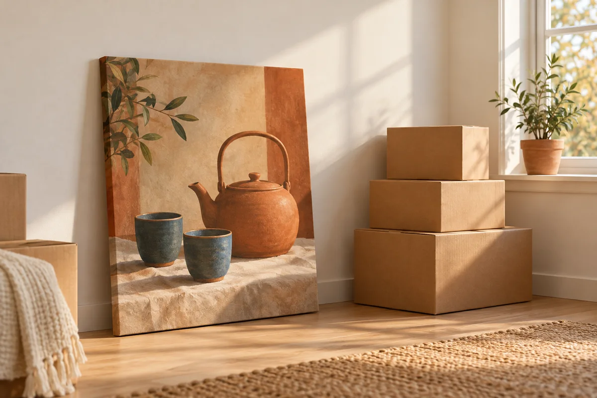 A bare wall with a canvas print resting on the floor beside a stack of moving boxes