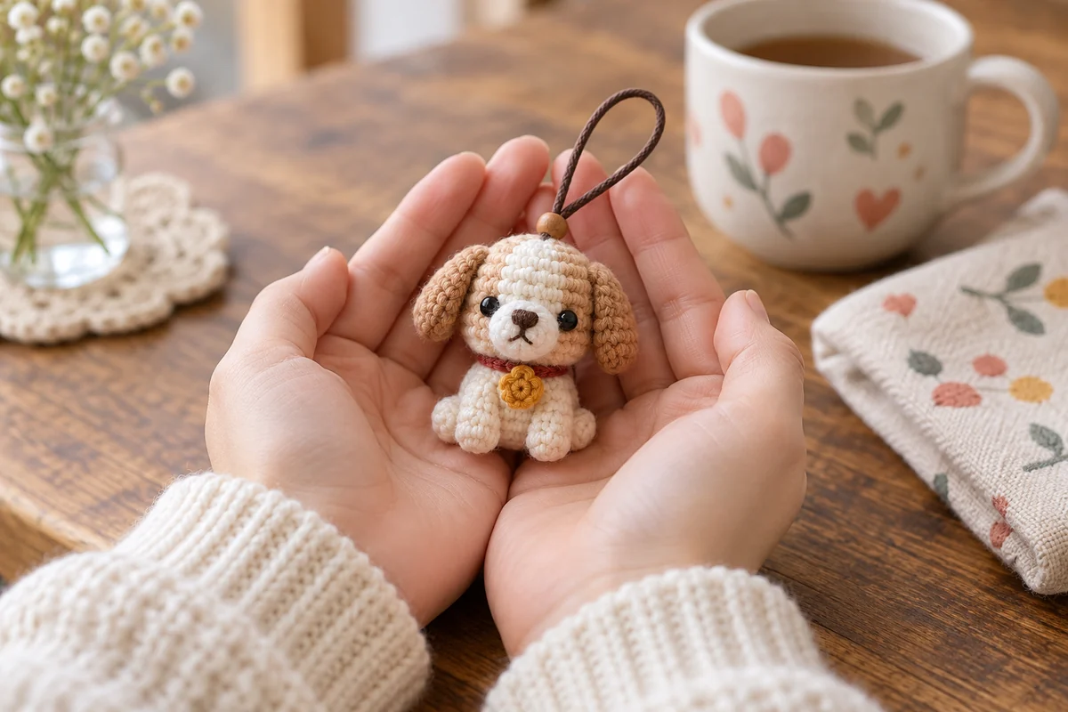 Hands holding a small crochet dog charm over a table