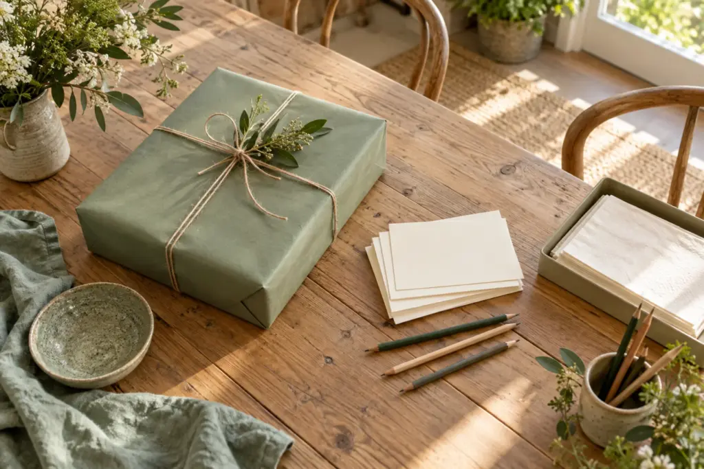 A group of plain wrapped gifts and blank cards spread on a long table.