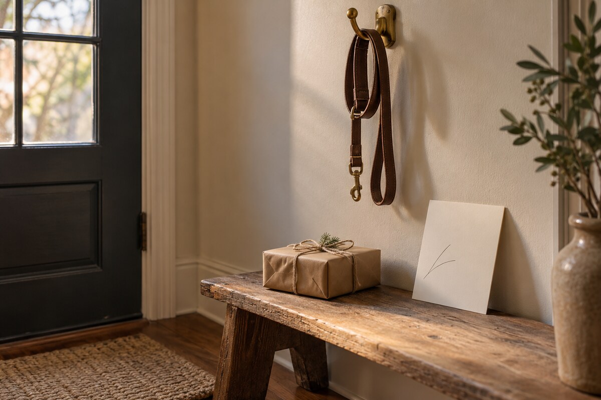 A leash hanging on a hook beside a small wrapped gift and a cream card