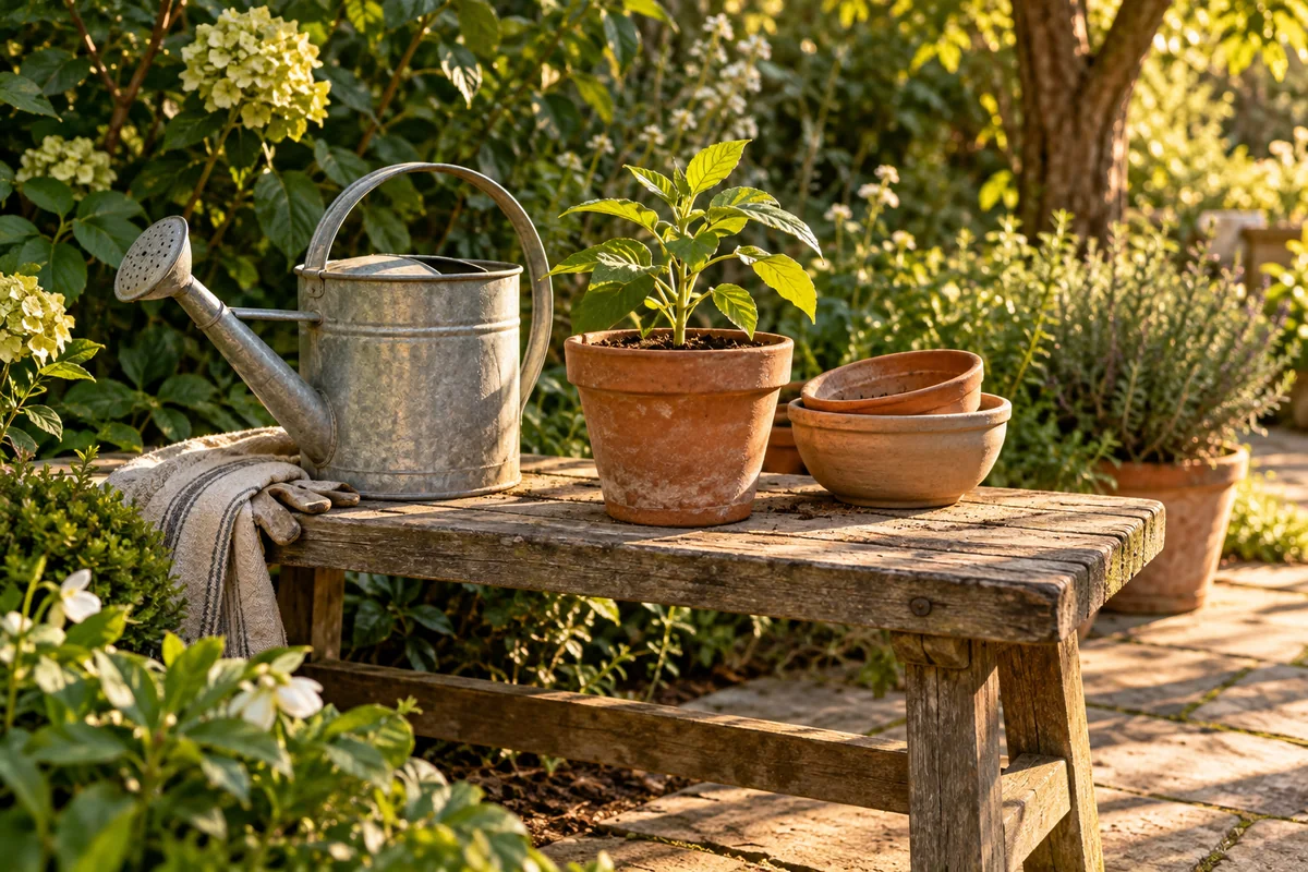 A small garden bench with a watering can and a potted seedling in warm light.