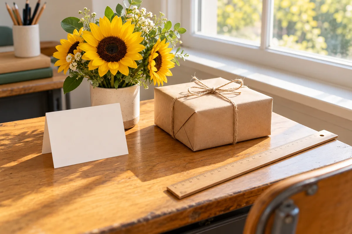 A small potted sunflower, a folded blank card and a gift box tied with twine on a classroom desk.