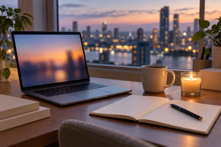 A laptop, a mug and a lit candle on a desk beside a window at twilight.