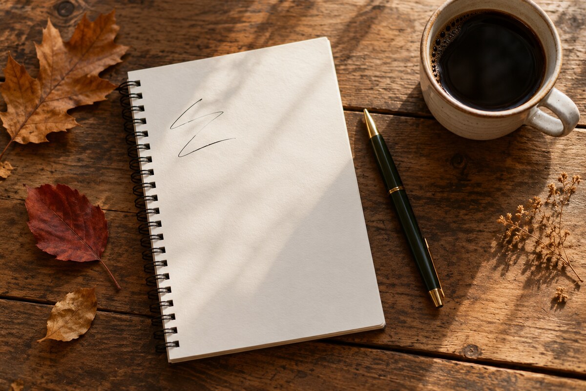 A spiral notebook with a pen beside a cup of coffee and dried leaves in morning light.