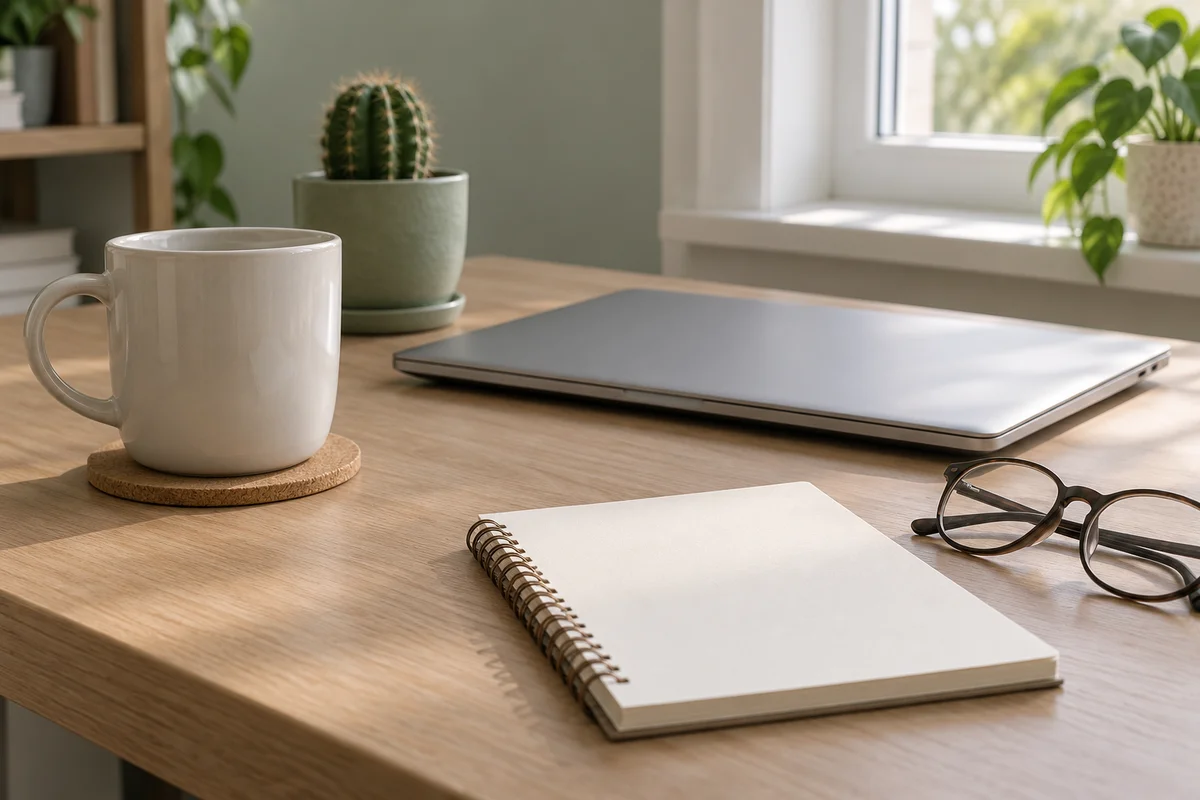 A mug on a coaster beside a closed laptop and a small plant on a desk.