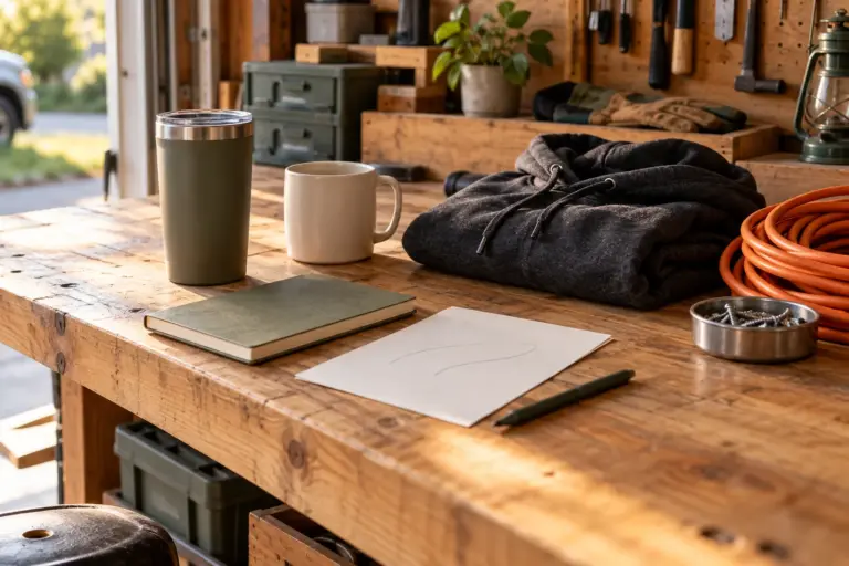 A matte tumbler, a mug and a folded hoodie on a garage workbench beside a coiled cord.