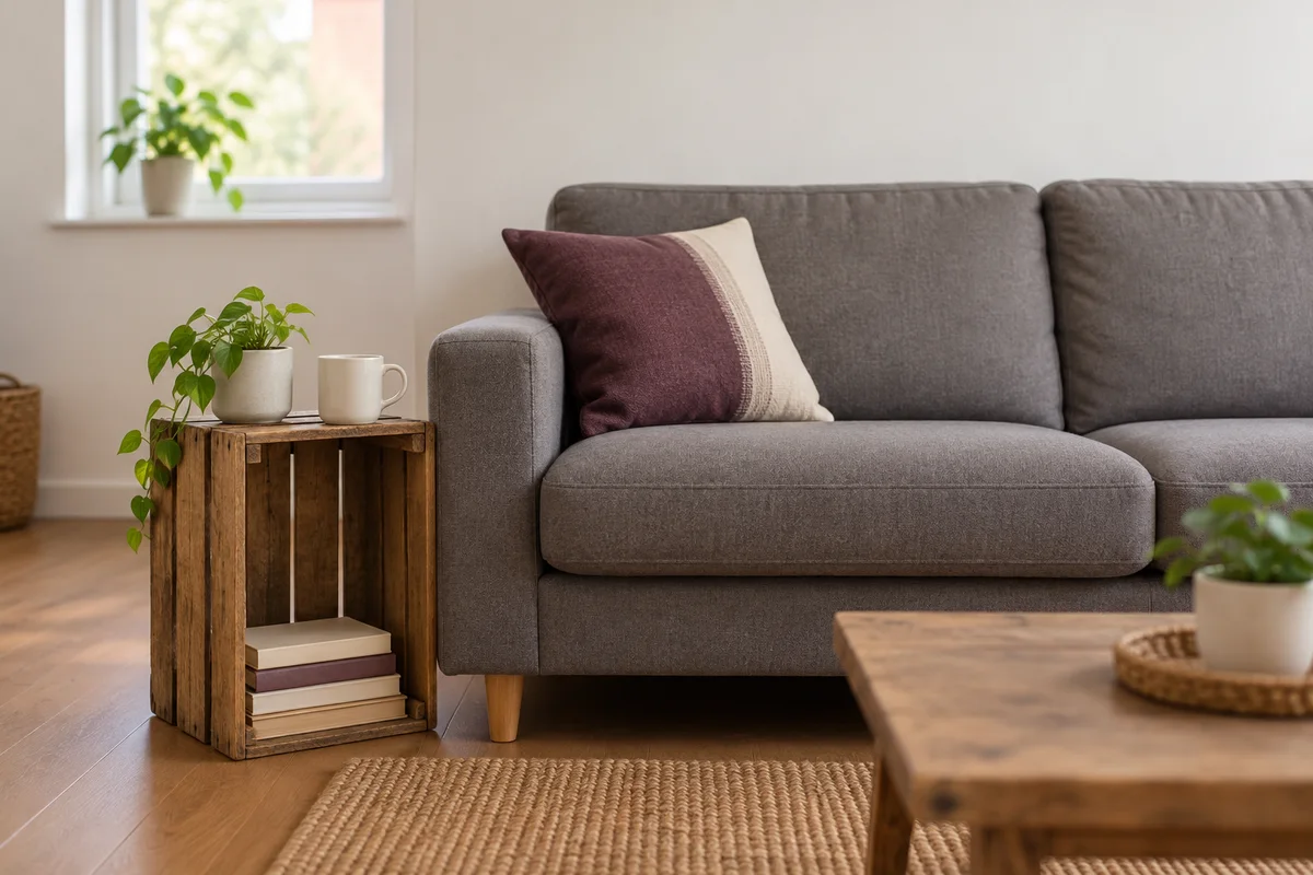 A first apartment with a pillow on a plain sofa and a mug on a crate
