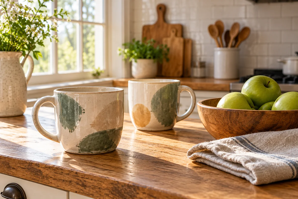 A kitchen counter with two coffee mugs and a bowl of fruit in morning light.