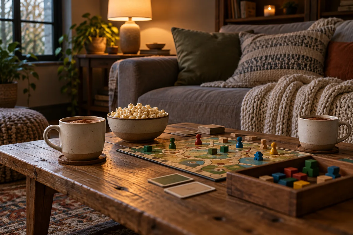 A low table with two mugs of cocoa, a small bowl of popcorn and an open board game in front of a sofa.