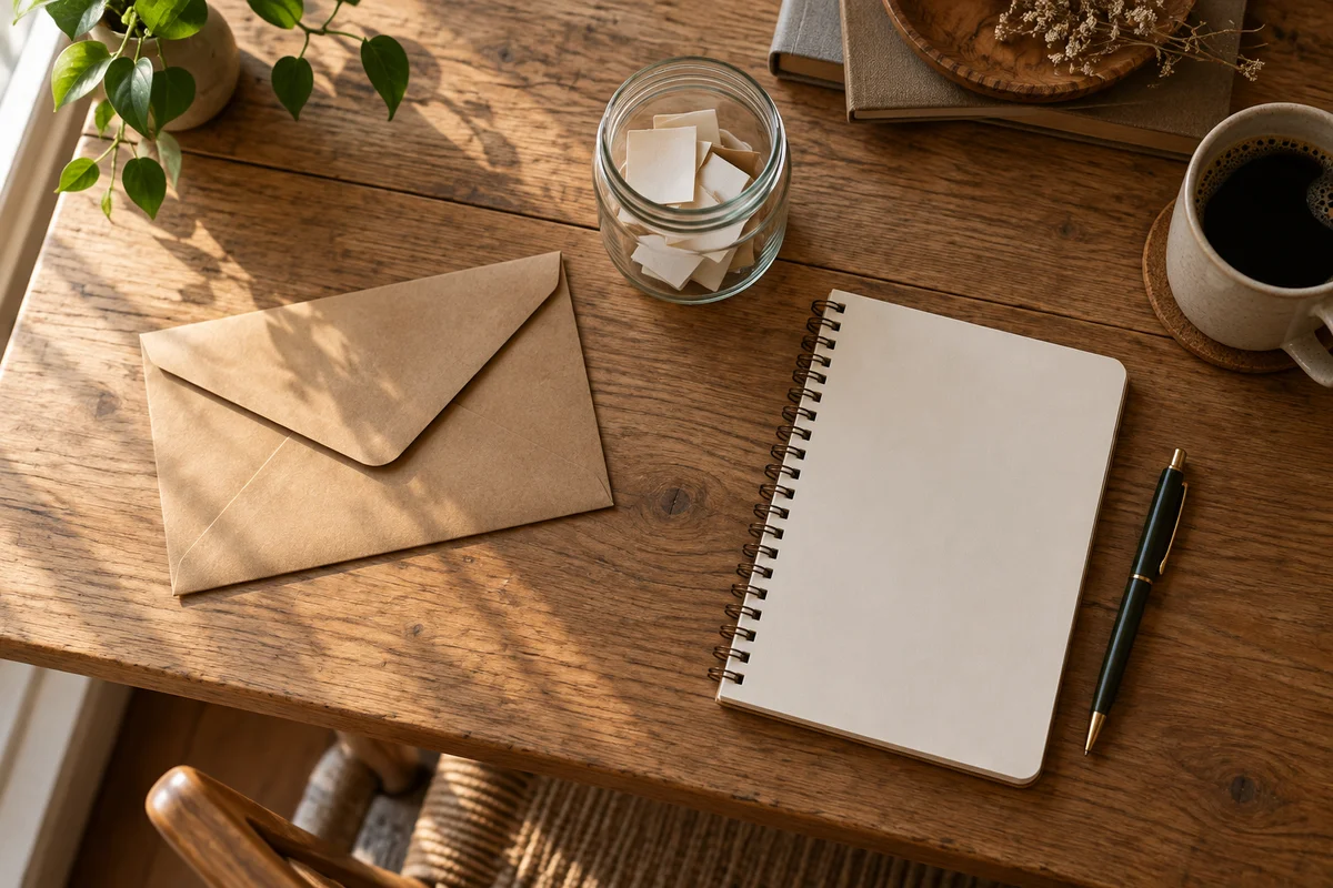 A shared envelope, a plain jar and a small notebook on a long desk, set up for collecting contributions.