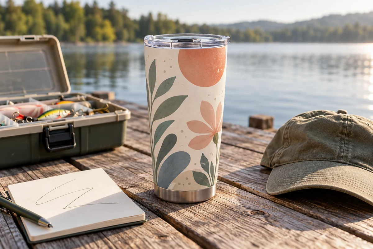 A tall tumbler with a lid beside fishing gear on a dock