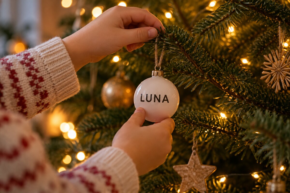 A child's hand hanging a personalized ornament on a Christmas tree branch