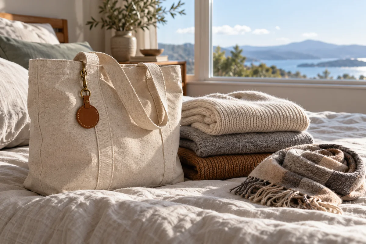 A canvas tote bag with a keychain clipped to the strap beside a stack of folded clothes.