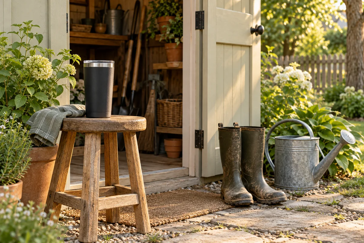 A shed doorway with a tumbler on a stool beside a pair of garden boots.