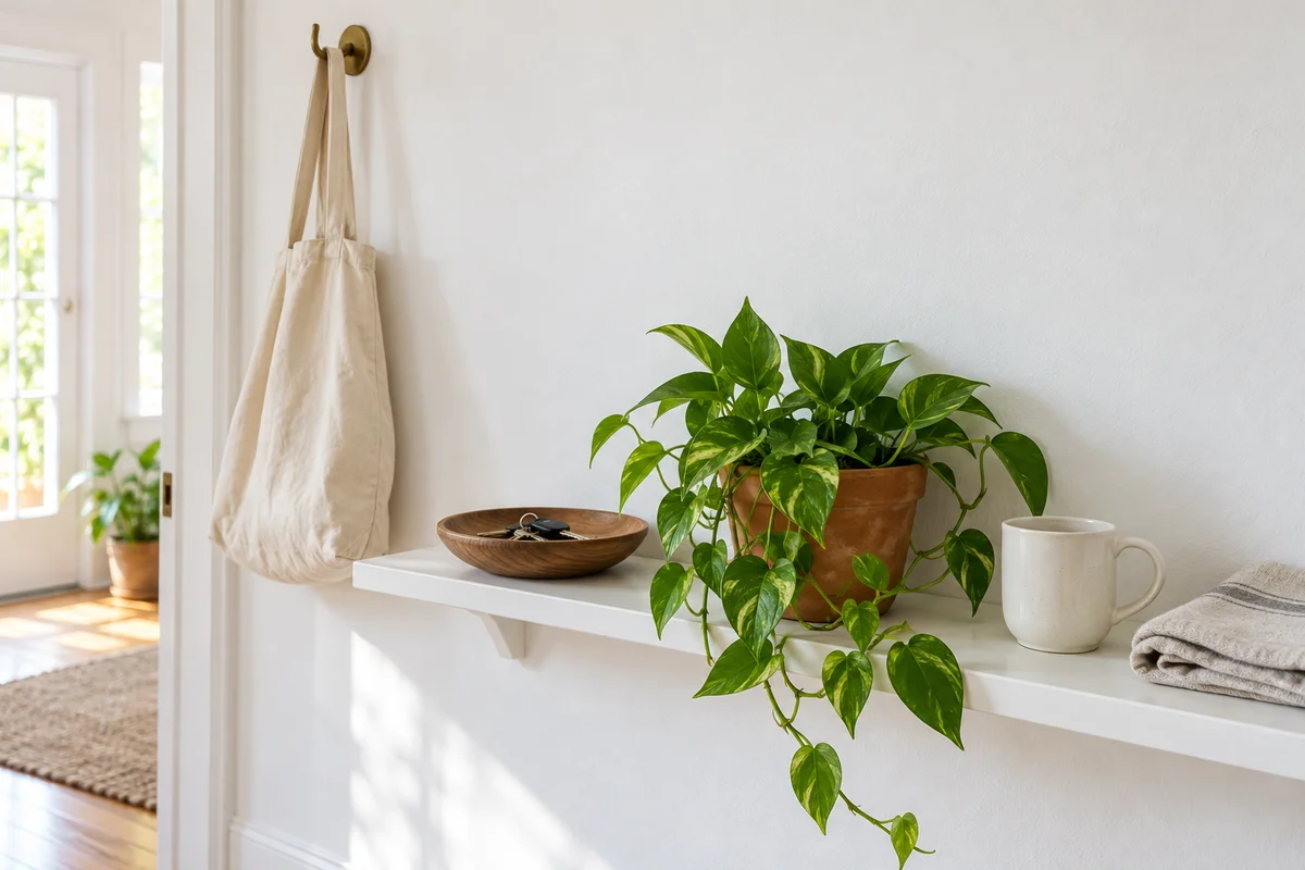 A tidy hallway shelf with a key bowl, a plant and a plain mug.
