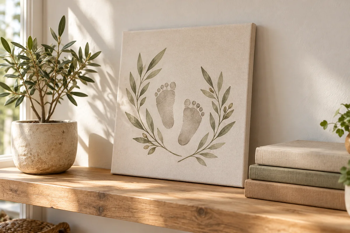 A framed footprint print leaning on a shelf beside a small plant