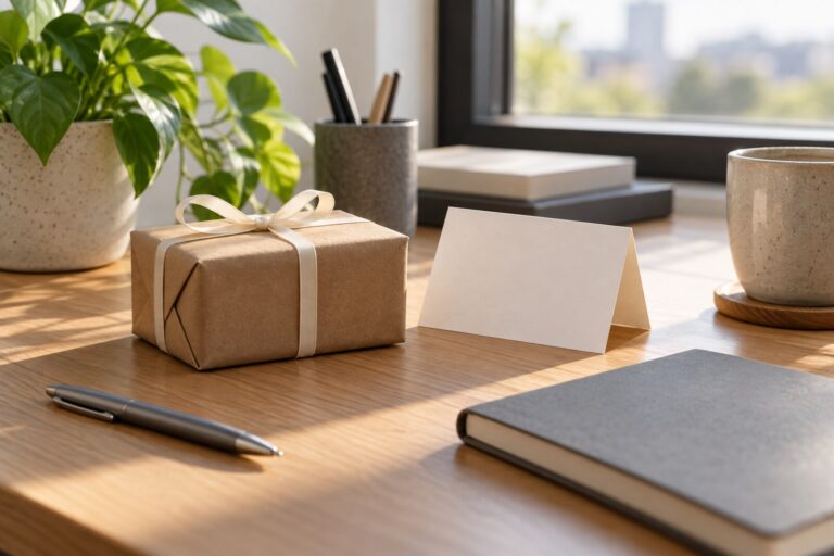 A tidy desk with a small wrapped gift, a blank note card and a notebook in soft morning light.