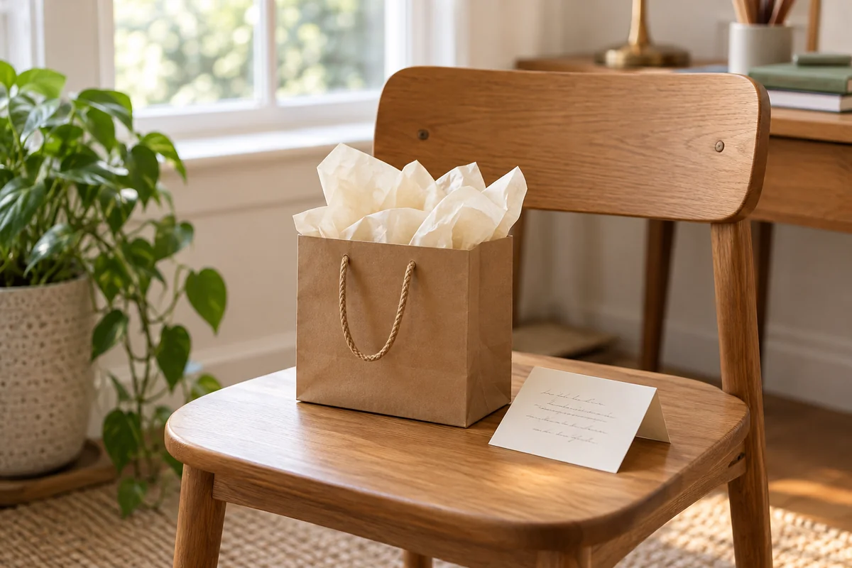 A small gift bag with tissue paper and a card sitting on an office chair.