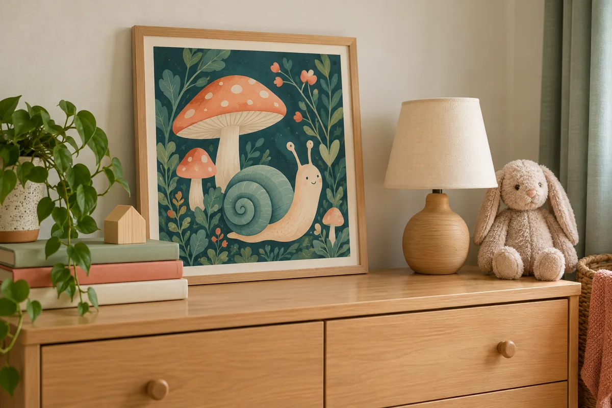 A framed print leaning on a child's dresser beside a small lamp and a plush toy.