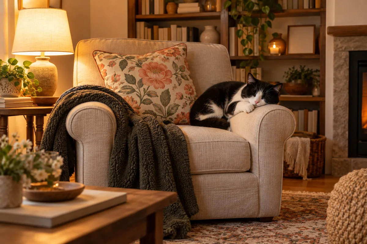 A folded throw and a floral cushion on an armchair with a cat asleep beside them