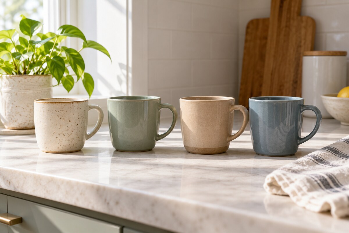 A group of coffee mugs of different colors arranged on a kitchen counter