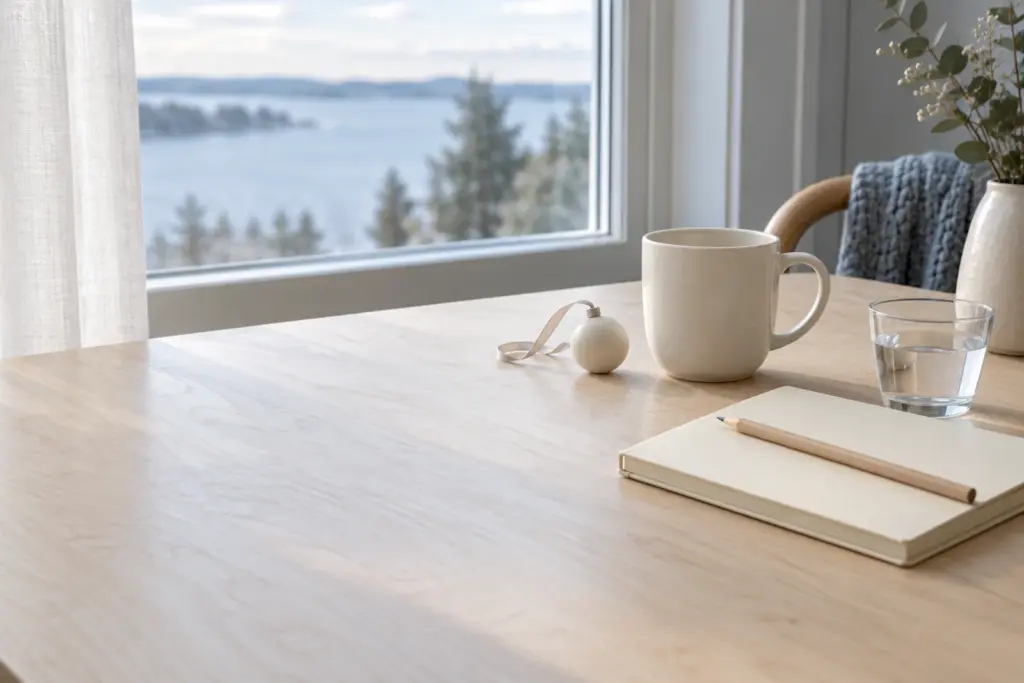 A plain mug and a small ornament beside a closed notebook and pencil on a pale table.