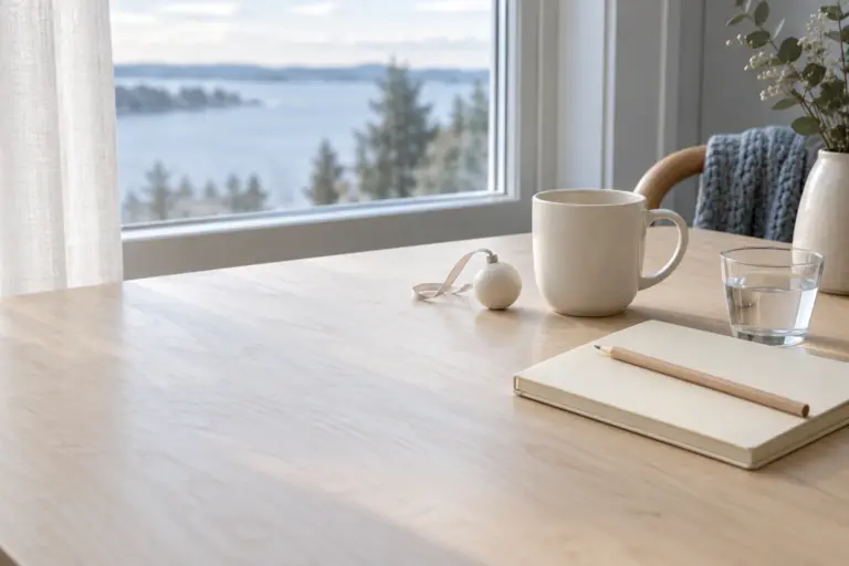 A plain mug and a small ornament beside a closed notebook and pencil on a pale table.