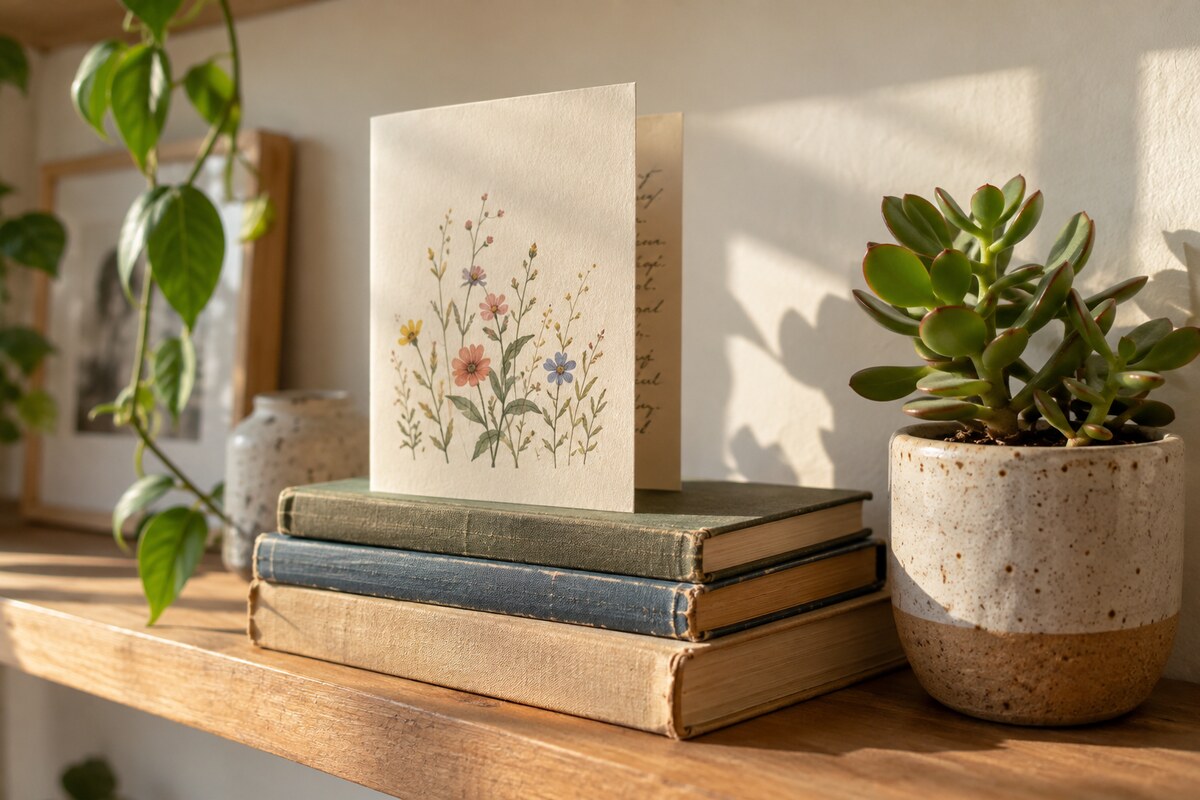 A birthday card leaning on a stack of books next to a small potted plant
