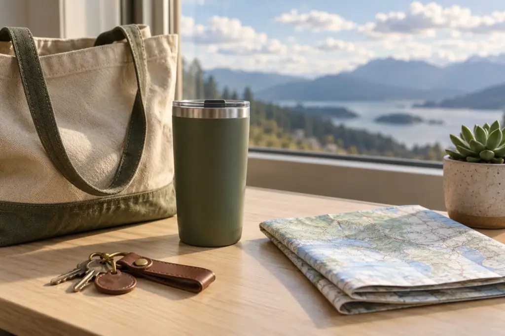 A matte tumbler, a keychain and a paper map laid out on a table before a trip.