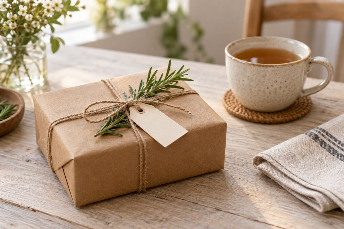 A finished kraft paper gift tied with twine and rosemary beside a cup of tea on a table