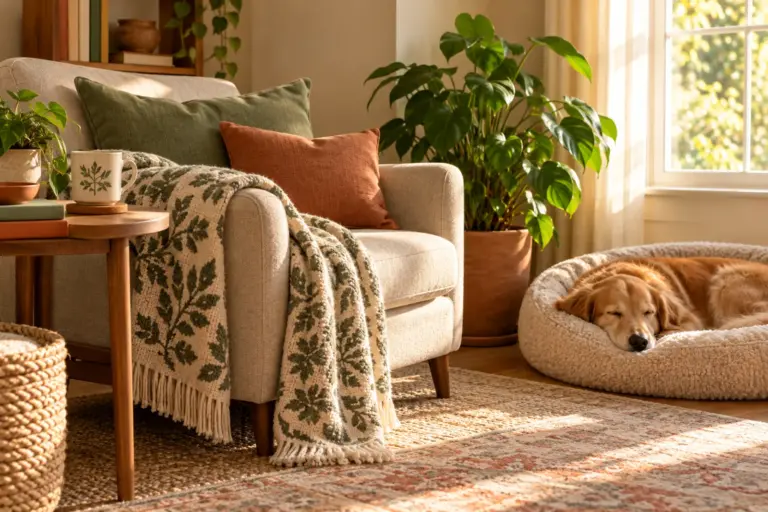 A quiet living room corner with a patterned throw, a mug and a pet bed in warm morning light