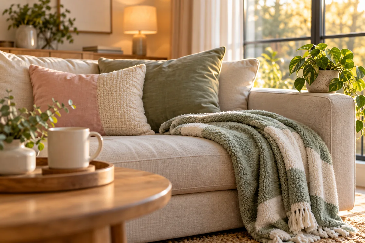 A folded fleece blanket, a mug and a small potted plant on a living room sofa.