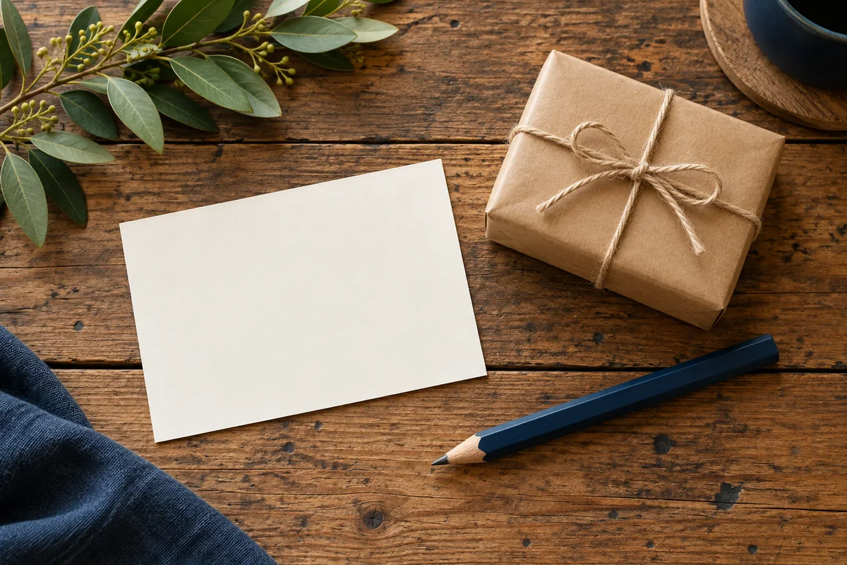 A blank card and a pencil beside a small wrapped gift on a wooden table.