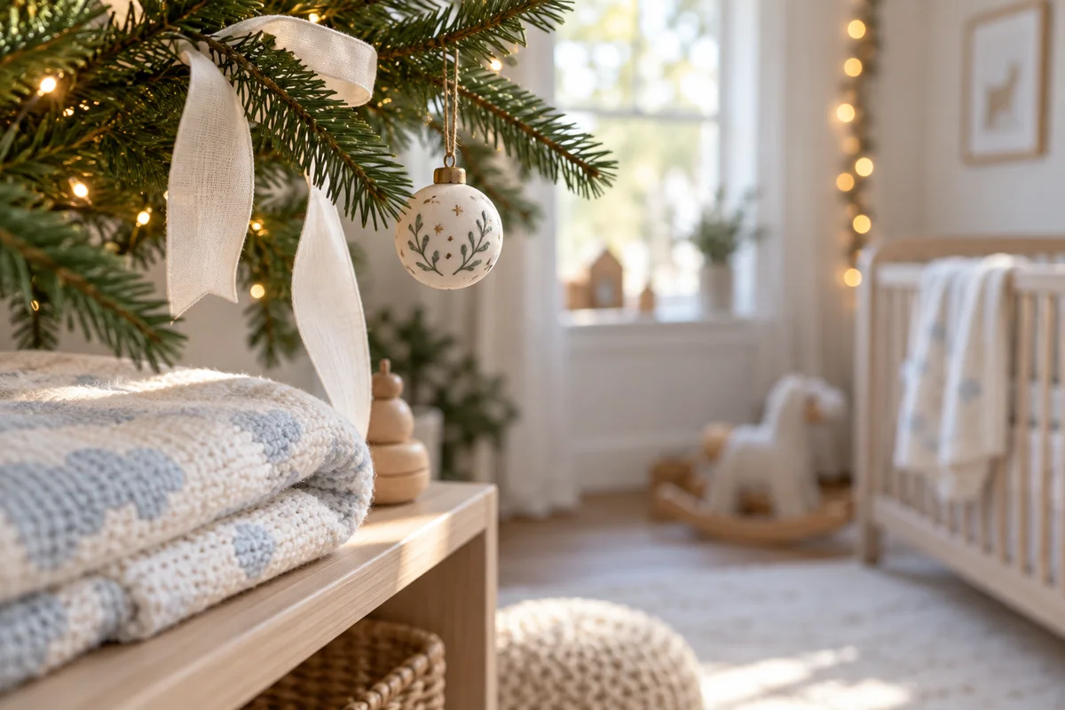 A small round ornament hanging from a tree branch beside a white ribbon and a folded baby blanket.
