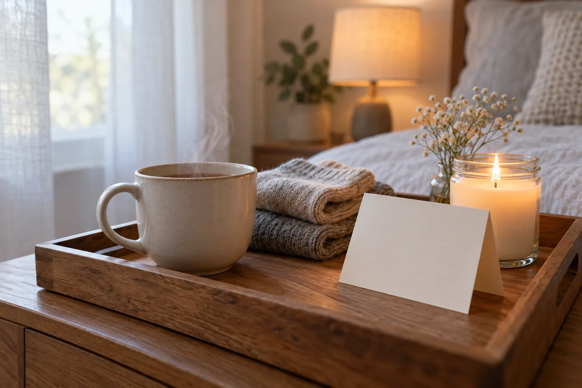 A tea cup, a small stack of folded socks and a blank card on a tray on a bedside table.