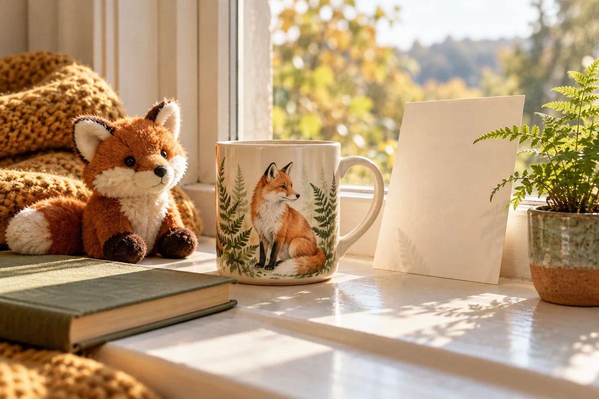 A small mug and a plush fox beside a blank card on a windowsill.